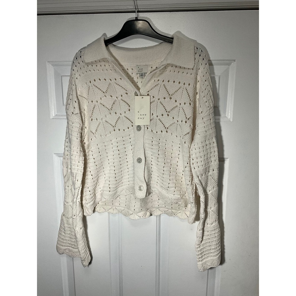 A New Day Cream Pointelle Knit Cardigan Sweater Polo Collar Scalloped Hem XS